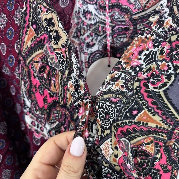 Umgee Wine Multiprint Surplice Long Sleeve Tiered Short Dress NEW Size Small - Picture 4 of 14